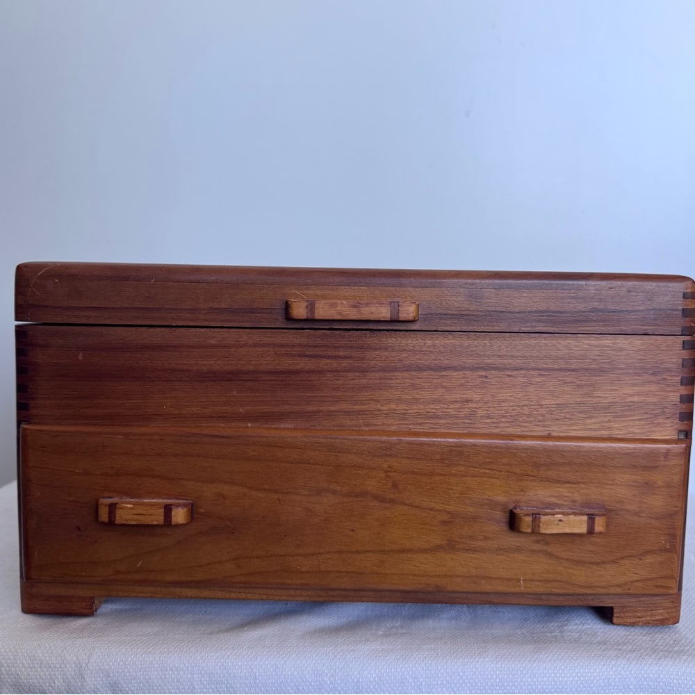 Vintage Wooden storage box with dovetail joinery and decorative handles